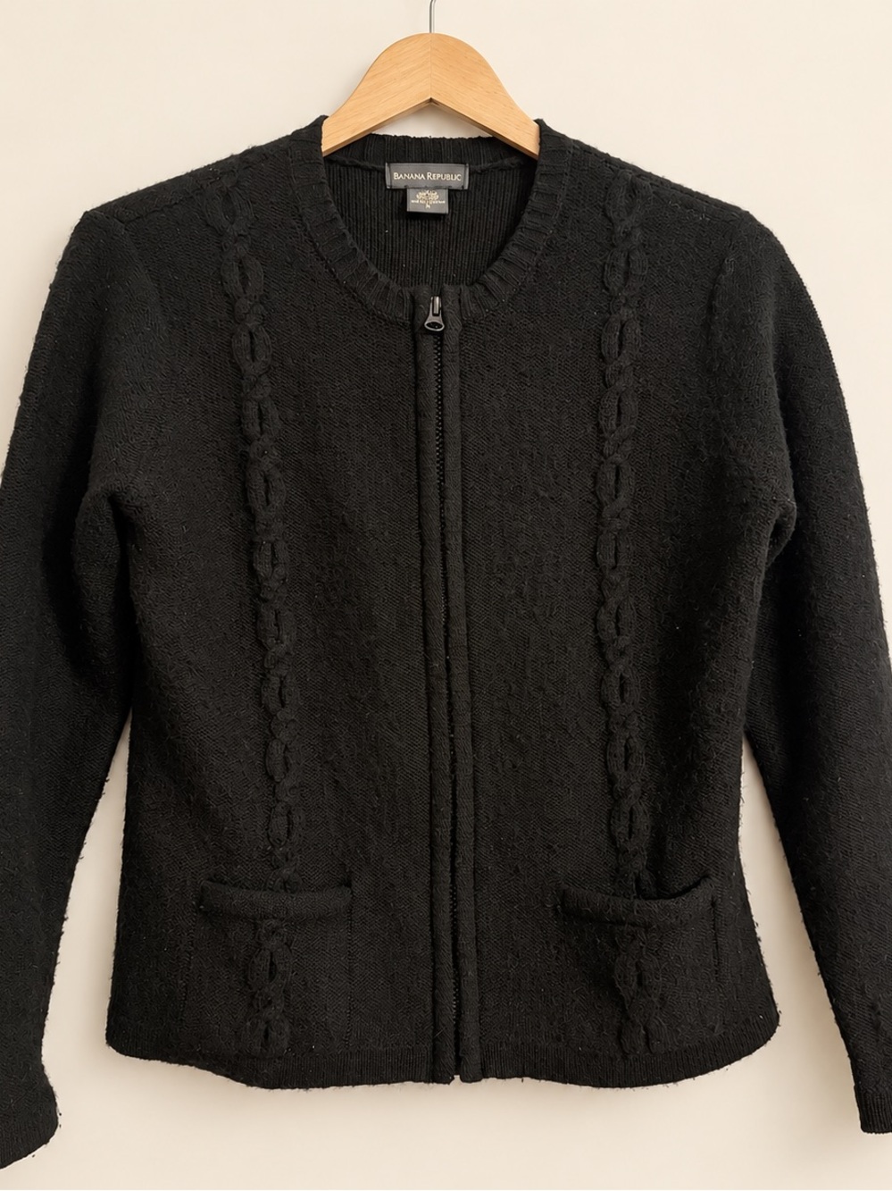 Black 100% Wool Cable Knit Zip Cardigan Sweater Jacket Size